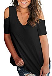 SLIMMING GRIL Women Casual T Shirt V Neck Cold Shoulder Blouses Short Sleeve Tshirt Black XL