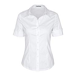 SUNNOW Womens Tailored Short Sleeve Basic Simple Button-Down Shirt with Stretch (L, White)