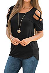 Women’s Casual Summer Short Sleeve Loose Strappy Cold Shoulder Tops Basic T Shirts Blouses Black Large