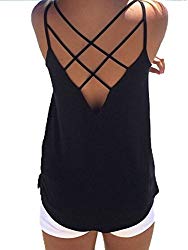 Women’s Cute Criss Cross Back Tank Tops Loose Hollow Out Camisole Shirt (Large, Black)