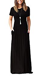 Women’s Round Neck Short Sleeves A-line Casual Maxi Dresses with Pocket Black XX-Large