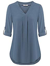 Youtalia Business Casual Tops for Women, Ladies 3/4 Cuffed Sleeve V Neck Pleats Fitted Tunic (Large, Blue Grey)
