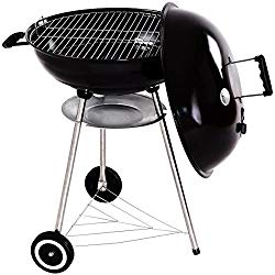 22.5″ Charcoal Grill Enamel Lid 2 Bottom Storage Wire Rack Wheels Kettle Style Design Outdoor Garden Patio Backyard Yard BBQ Barbecue Cooking Grilling Durable Sturdy Steel Frame Removable Ash Catcher