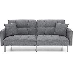 Best Choice Products Convertible Futon Linen Tufted Split Back Couch W/Pillows (Dark Gray)