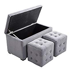 HomCom 3 piece Tufted Microfiber Storage Bench/Cube Ottoman Set (Gray)