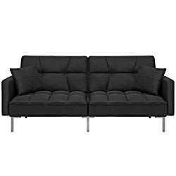 Best Choice Products Home Furniture Convertible Linen Tufted Splitback Futon Couch W/ Pillows (Black)