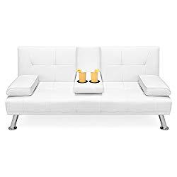 Best Choice Products Modern Faux Leather Convertible Folding Futon Sofa Bed Recliner Couch w/Metal Legs, 2 Cup Holders – White