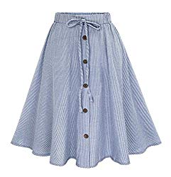 Allonly Women’s A-Line High Waisted Button Front Drawstring Pleated Midi Skirt With Elastic Waist Knee Length Blue Small   Medium