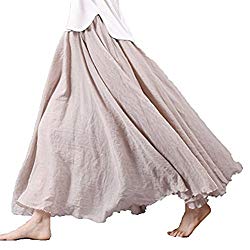 Asher Women’s Bohemian Style Elastic Waist Band Cotton Linen Long Maxi Skirt Dress (95CM, Beige)