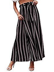 BerryGo Women’s Boho High Waist Split Stripe Wide Leg Pants Black Stripe,S