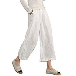 Ecupper Womens Casual Loose Plus Size Elastic Waist Cotton Trouser Cropped Wide Leg Pants White 10-12