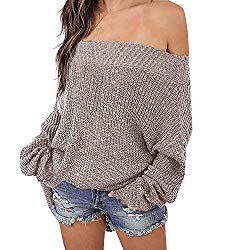 Exlura Women’s Off Shoulder Batwing Sleeve Loose Oversized Pullover Sweater Knit Jumper – Khaki, S/M/L(8/10/12)