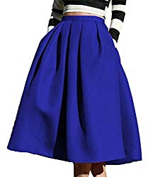 FACE N FACE Women’s High Waisted A line Street Skirt Skater Pleated Full Midi Skirt Large Blue