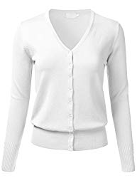 FLORIA Women Button Down V-Neck Long Sleeve Soft Knit Cardigan Sweater White M