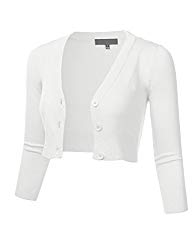 FLORIA Women Solid Button Down 3/4 Sleeve Cropped Bolero Cardigan Sweater White M