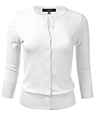 FLORIA Womens Button Down 3/4 Sleeve Crew Neck Knit Cardigan Sweater White S