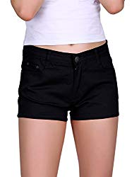 HDE Women’s Solid Color Ultra Stretch Fitted Low Rise Moleton Denim Booty Shorts (Black, Medium)