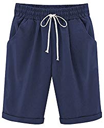 HOW’ON Women’s Casual Elastic Waist Knee-Length Curling Bermuda Shorts with Drawstring Navy L