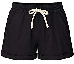 HOW’ON Women’s Elastic Waist Casual Comfy Cotton Linen Beach Shorts with Drawstring Black L
