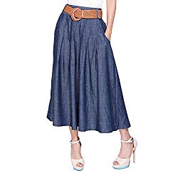 Kaachli Women’s Thin Blue Denim Cotton Midi Calf Pocket Fall Skirt with Belt (2XL)