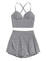 MakeMeChic Women’s 2 Piece Outfit Summer Striped V Neck Crop Cami Top with Shorts Black-1 M