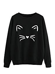 MakeMeChic Women’s Graphic Cat Print Long Sleeve Pullover Sweatshirt Black## M
