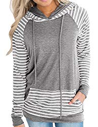 Naier Womens Hooded Sweatshirt Pullover Hoodie Long Sleeve Sweaters Striped Teen Tops Gray M