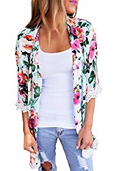 PRETTODAY Women’s Floral Print Kimono Lace Loose Tops Sleeves Cover up Chiffon Blouse (M, Mint)