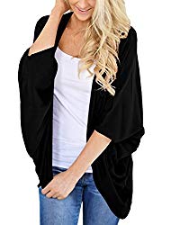 PRETTODAY Women’s Summer Solid Color Kimono Cardigan Loose Sleeves Cover up (Large, Black)