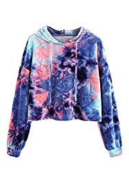 Romwe Women’s Velvet Tie Dye Drawstring Long Sleeve Hoodie Crop Top Sweatshirt Multicolored L
