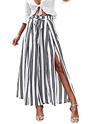 Simplee Women’s Elegant Striped Split High Waisted Belted Flowy Wide Leg Pants, White Stripe, 1/9, Large