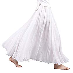 Women’s Bohemian Style Elastic Waist Band Cotton Long Maxi Skirt Dress White 85CM Length
