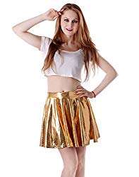 Women’s Casual Fashion Flared Pleated A-Line Circle Skater Skirt (Gold, XL)