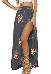 Yonala Womens Boho Floral Tie up Waist Summer Beach Wrap Cover up Maxi Skirt (L, Gray)