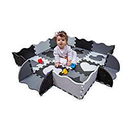 Non-Toxic Baby Play Mat for Infants with Collapsible Fence Edging for Infant Tummy Time and Activity. 48″ x 48″ (Black/White/Gray)