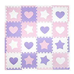 Tadpoles Soft EVA Foam 16pc Playmat Set, Hearts and Stars, Pink/Purple/White, 50″x50″