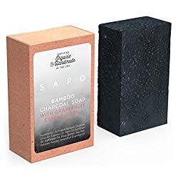 [USA] SAPO Organic Bamboo Charcoal Soap Bar – Natural US Handmade – Helps with Acne, Psoriasis, Eczema – Has Coconut Oil, Oatmeal, Shea Butter – Leaving Your Face and Body Fresh and Clean, 4 Oz Bar