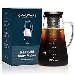 Airtight Cold Brew Iced Coffee Maker and Tea Infuser with Spout – 1.0L/34oz Ovalware RJ3 Brewing Glass Carafe with Removable Stainless Steel Filter