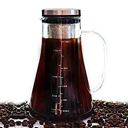 Airtight Cold Brew Iced Coffee Maker- Premium Build 2.5mm thick Brewing Glass Carafe with Removable Stainless Steel Filter | Hold 1L | Brew Hot or Cold Tea or Coffee | Free E-books Included