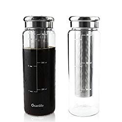 Cold Brew Bottle Coffee Maker with Sleeve for Iced Tea Pitcher Brewing Glass Carafe with Outdoor Travel Deep Removable Stainless Steel Filter and Airtight Lid Fruit Infuser Water Bottle 26 oz 3 cup