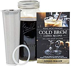 Cold Brew Coffee Maker Kit |Large 2 Quart/Half Gallon|130pg 60+ Recipes and Instruction Book! Quality Ball Wide Mouth Mason Jar & Stainless Filter Basket. Makes Coffee, Infused Water & Tea!