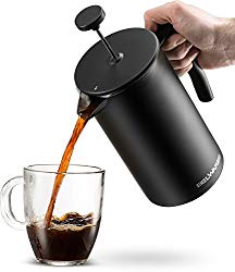 French Press Coffee Maker with Extra Filters for a Richer and Fuller Coffee Flavor, Designed with Double Wall Black Stainless Steel to Preserve Hot Coffee Temperature (34oz)