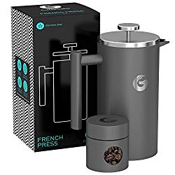Large French Press Coffee Maker – Vacuum Insulated Stainless Steel, 34 floz, Grey