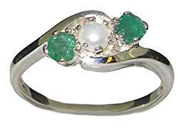 925 Sterling Silver Cultured Pearl & Emerald Womens Band Ring