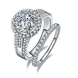 BONLAVIE 3.45ct 925 Sterling Silver Cubic Zirconia Halo Anniversary Wedding Band Engagement Ring Bridal Set