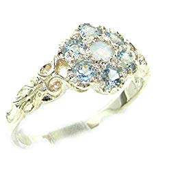 LetsBuyGold 10k White Gold Real Genuine Opal & Aquamarine Womens Band Ring