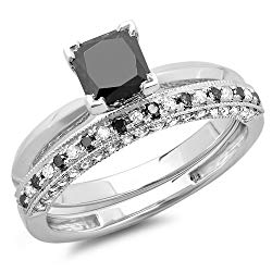 1.50 Carat (ctw) 10K Gold Princess Cut Black & Round White Diamond Bridal Engagement Ring Set 1 1/2 CT