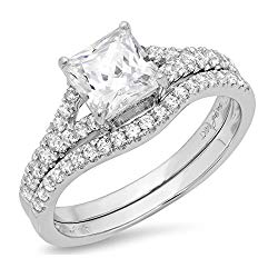 2.21 Ct Princess Cut Pave Halo Bridal Engagement Wedding Anniversary Ring Band Set 14K White Gold, Clara Pucci