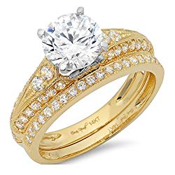2.3 Ct Round Cut Pave Halo Bridal Engagement Wedding Anniversary Ring Band Set 14K Yellow White Gold, Clara Pucci