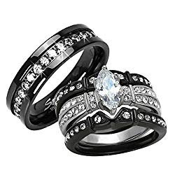 HIS HERS 4 PC BLACK STAINLESS STEEL & TITANIUM WEDDING ENGAGEMENT RING Band SET